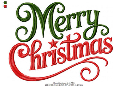 Elegant Merry Christmas Lettering – Satin Stitch – Machine Embroidery Design
