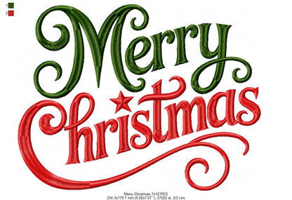 Elegant Merry Christmas Lettering – Satin Stitch – Machine Embroidery Design