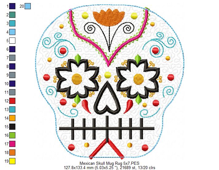 Mexican Skull Mug Rug - ITH Project - Machine Embroidery Design