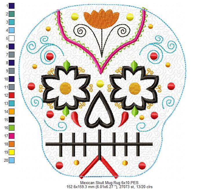 Mexican Skull Mug Rug - ITH Project - Machine Embroidery Design