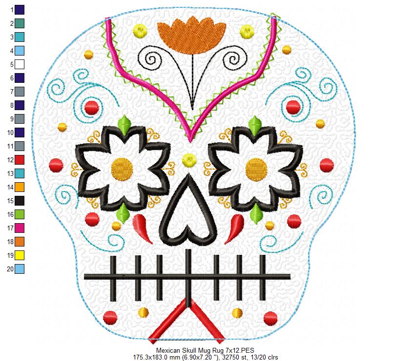 Mexican Skull Mug Rug - ITH Project - Machine Embroidery Design