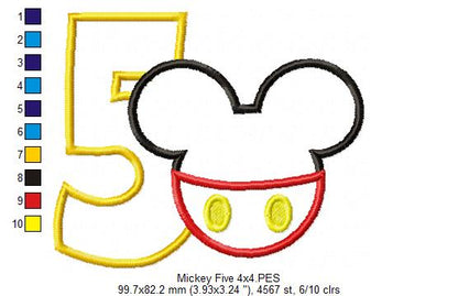 Mouse Ears Boy 5th Birthday Number 5 - Applique Embroidery