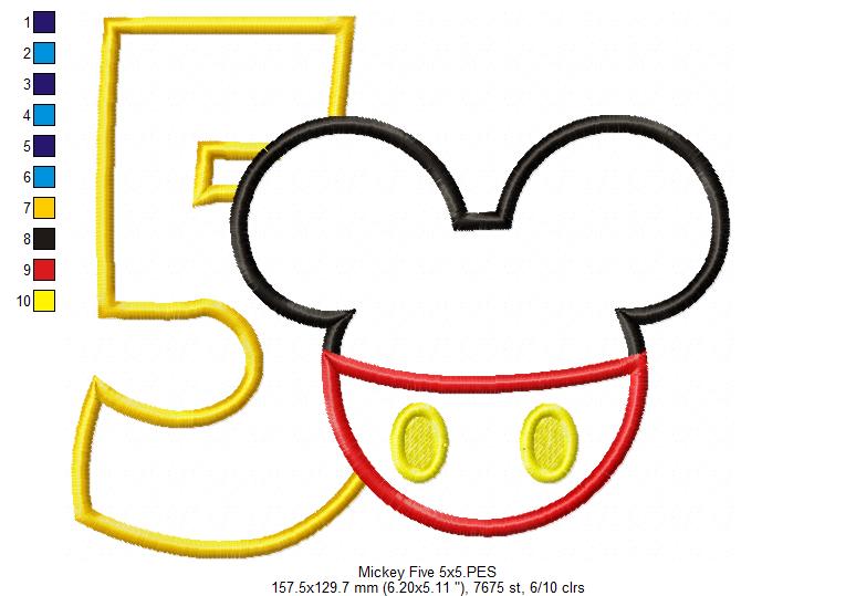 Mouse Ears Boy 5th Birthday Number 5 - Applique Embroidery