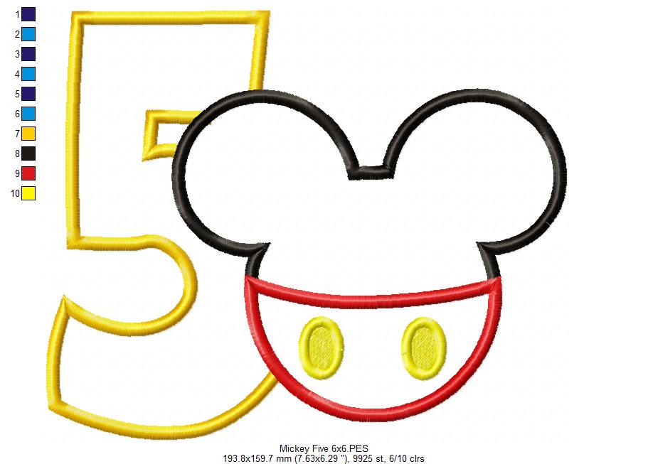 Mouse Ears Boy 5th Birthday Number 5 - Applique Embroidery