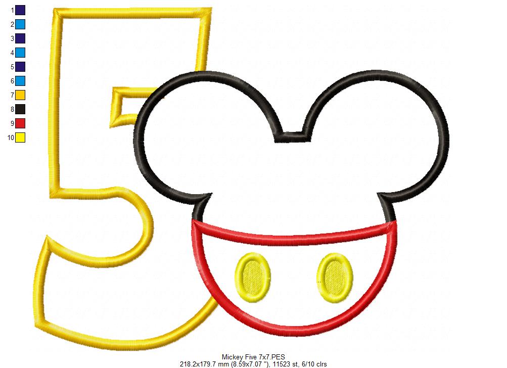 Mouse Ears Boy 5th Birthday Number 5 - Applique Embroidery
