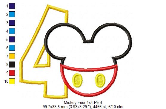 Mouse Ears Boy 4th Birthday Number 4 - Applique Embroidery