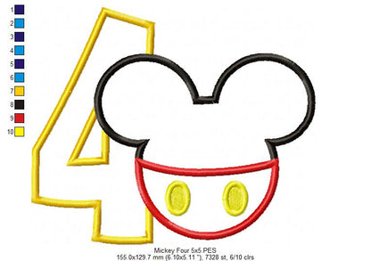 Mouse Ears Boy 4th Birthday Number 4 - Applique Embroidery
