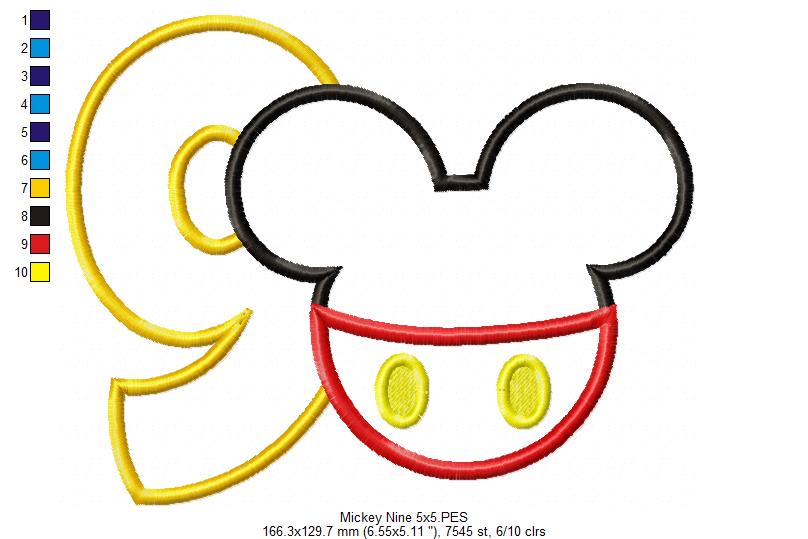 Mouse Ears Boy 9th Birthday Number 9 - Applique Embroidery