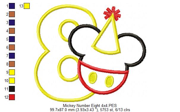Mouse Ears Boy 8th Birthday Hat Number 8 - Applique - Machine Embroidery Design