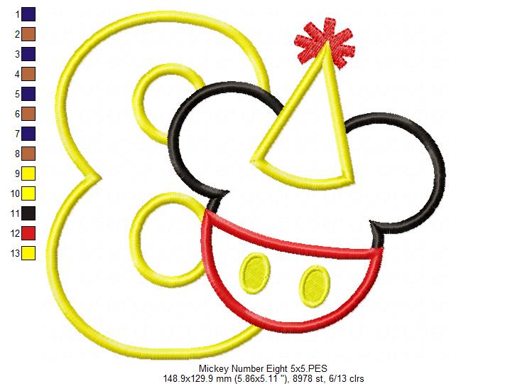 Mouse Ears Boy 8th Birthday Hat Number 8 - Applique - Machine Embroidery Design