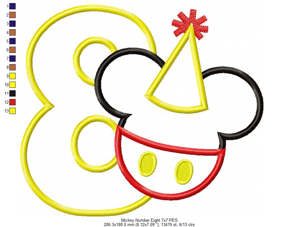 Mouse Ears Boy 8th Birthday Hat Number 8 - Applique - Machine Embroidery Design