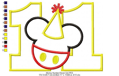 Mouse Ears Boy 11th Birthday Hat Number 11 - Applique - Machine Embroidery Design