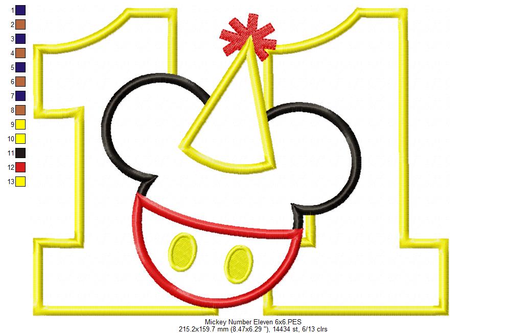 Mouse Ears Boy 11th Birthday Hat Number 11 - Applique - Machine Embroidery Design