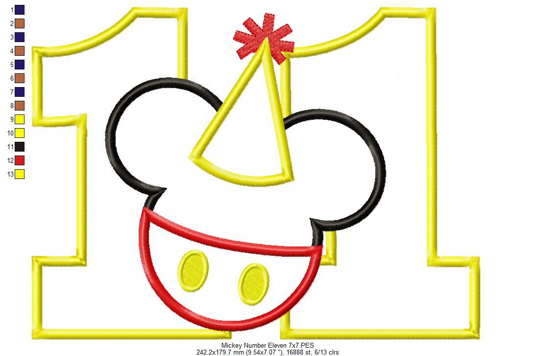 Mouse Ears Boy 11th Birthday Hat Number 11 - Applique - Machine Embroidery Design