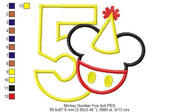 Mouse Ears Boy 5th Birthday Hat Number 5 - Applique Machine Embroidery Design