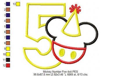 Mouse Ears Boy 5th Birthday Hat Number 5 - Applique Machine Embroidery Design