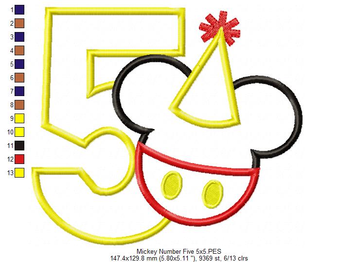Mouse Ears Boy 5th Birthday Hat Number 5 - Applique Machine Embroidery Design