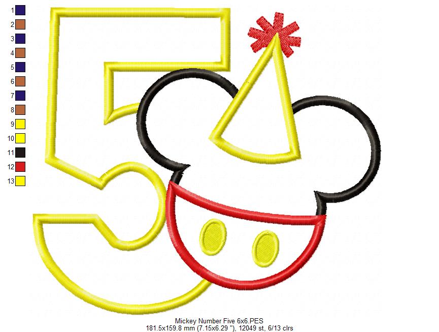 Mouse Ears Boy 5th Birthday Hat Number 5 - Applique Machine Embroidery Design