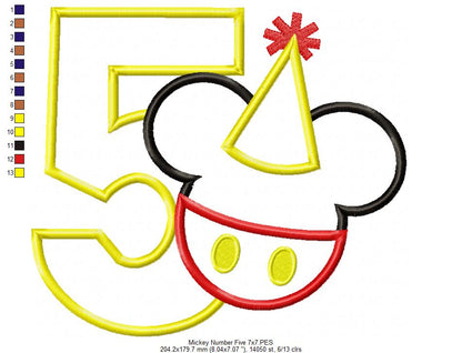 Mouse Ears Boy 5th Birthday Hat Number 5 - Applique Machine Embroidery Design
