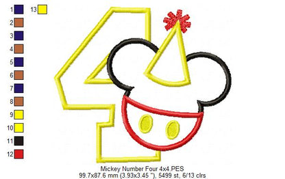 Mouse Ears Boy 4th Birthday Hat Number 4 - Applique Embroidery