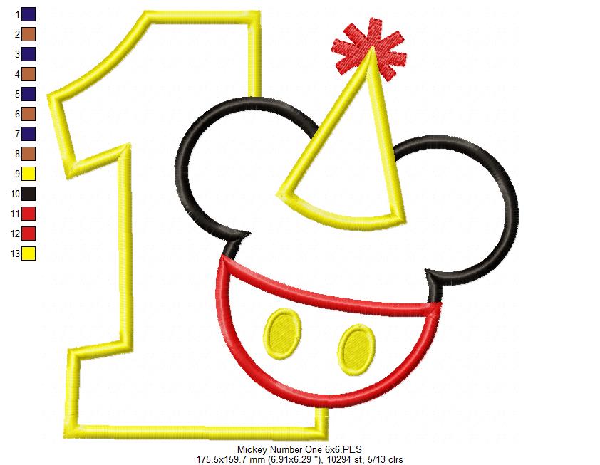 Mouse Ears Boy Number 1 One 1st Birthday Party - Applique Embroidery