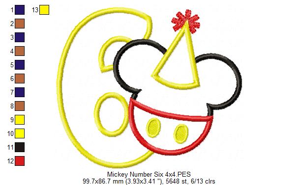 Mouse Ears Boy 6th Birthday Hat Number 6 - Applique Machine Embroidery Design
