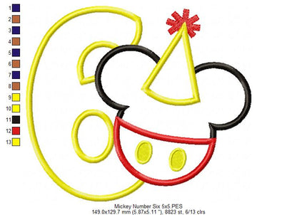 Mouse Ears Boy 6th Birthday Hat Number 6 - Applique Machine Embroidery Design