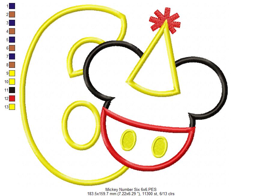 Mouse Ears Boy 6th Birthday Hat Number 6 - Applique Machine Embroidery Design