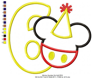 Mouse Ears Boy 6th Birthday Hat Number 6 - Applique Machine Embroidery Design