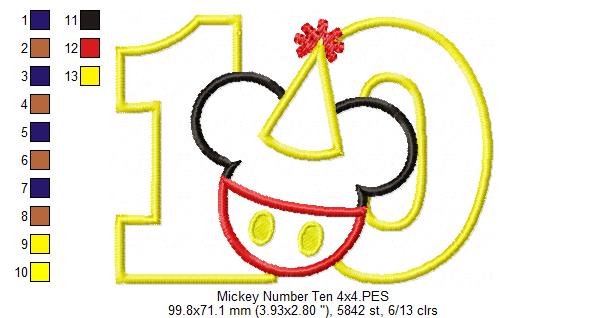 Mouse Ears Boy 10th Birthday Hat Number 10 - Applique - Machine Embroidery Design