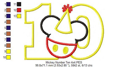 Mouse Ears Boy 10th Birthday Hat Number 10 - Applique - Machine Embroidery Design