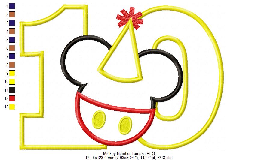 Mouse Ears Boy 10th Birthday Hat Number 10 - Applique - Machine Embroidery Design