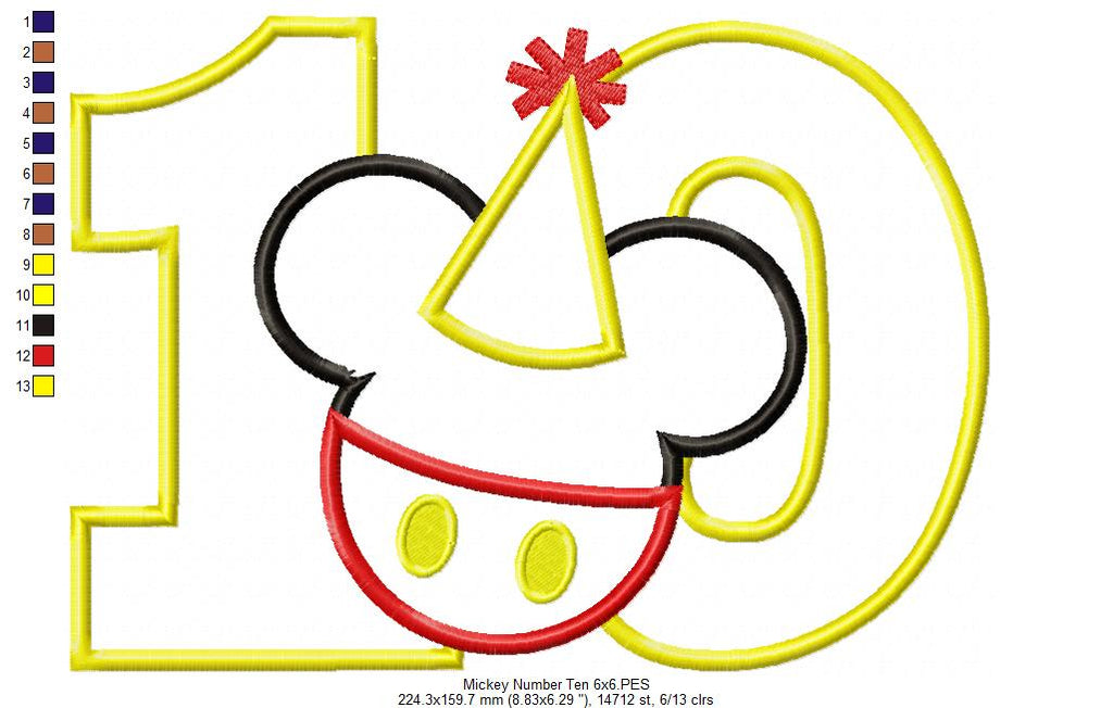 Mouse Ears Boy 10th Birthday Hat Number 10 - Applique - Machine Embroidery Design