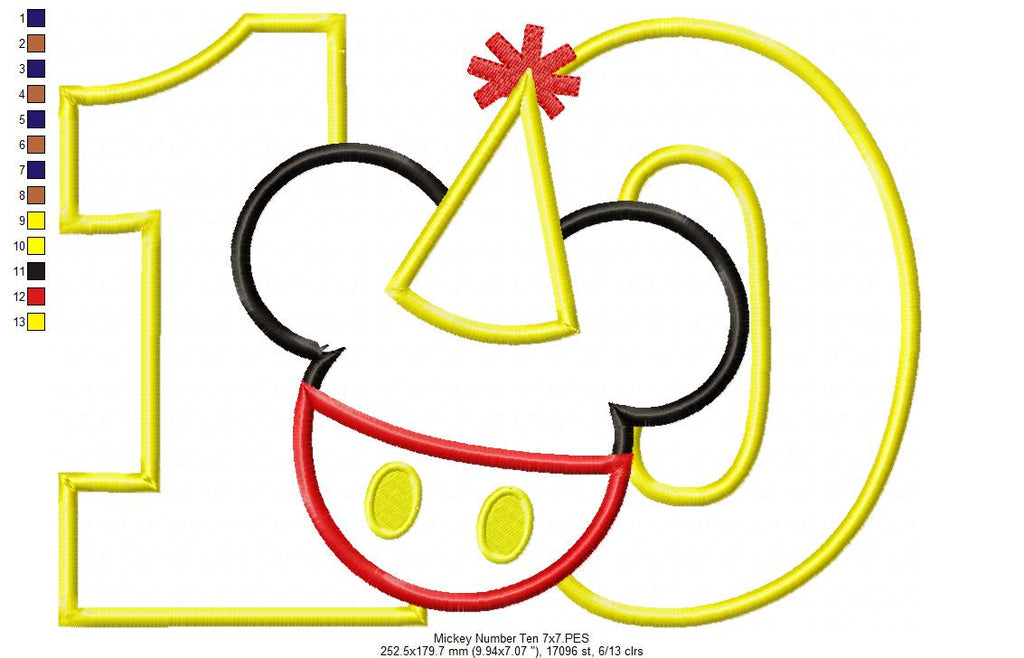 Mouse Ears Boy 10th Birthday Hat Number 10 - Applique - Machine Embroidery Design