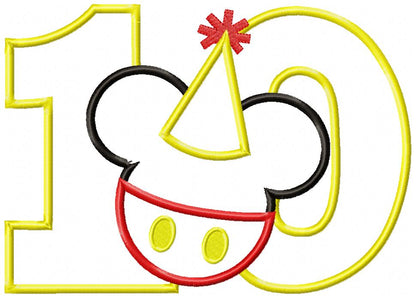 Mouse Ears Boy 10th Birthday Hat Number 10 - Applique - Machine Embroidery Design