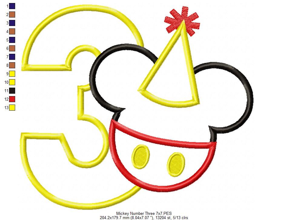 Mouse Ears Boy 3rd Birthday Hat Number 3 - Applique Machine Embroidery Design