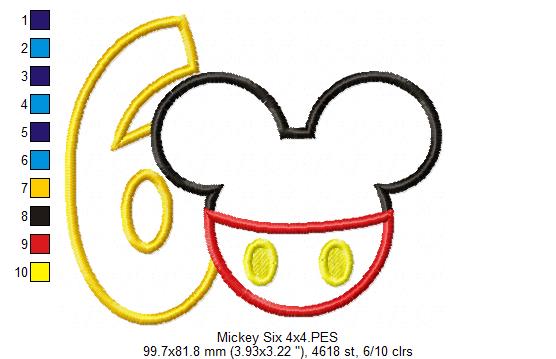Mouse Ears Boy Number 6 Six 6th Birthday - Applique Embroidery