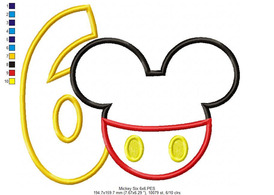 Mouse Ears Boy Number 6 Six 6th Birthday - Applique Embroidery