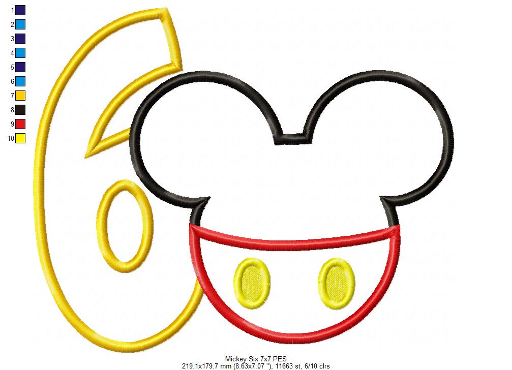 Mouse Ears Boy Number 6 Six 6th Birthday - Applique Embroidery