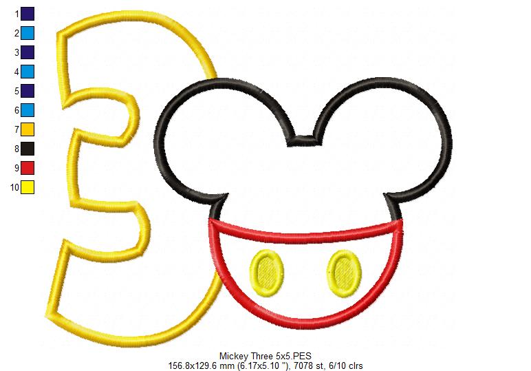 Mouse Ears Boy 3rd Birthday Number 3 - Applique Embroidery