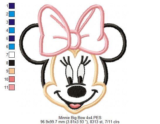 Minnie Mouse Big Bow Face - Applique - Machine Embroidery Design