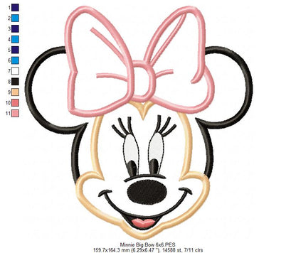 Minnie Mouse Big Bow Face - Applique - Machine Embroidery Design