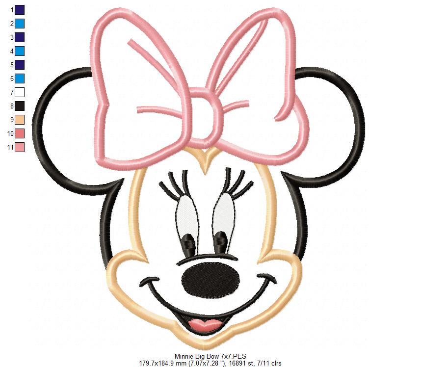 Minnie Mouse Big Bow Face - Applique - Machine Embroidery Design