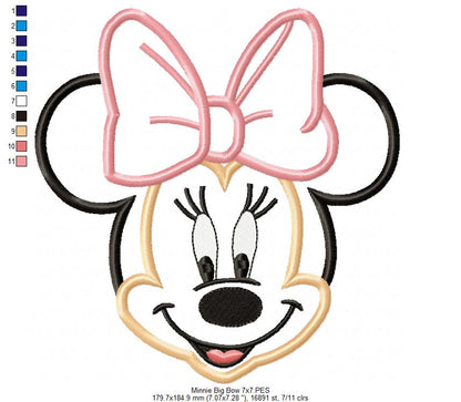 Minnie Mouse Big Bow Face - Applique - Machine Embroidery Design