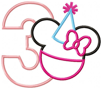 Mouse Ears Girl Number 3 Three 3rd Birthday Party - Applique - Machine Embroidery Design