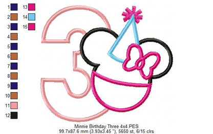Mouse Ears Girl Number 3 Three 3rd Birthday Party - Applique - Machine Embroidery Design
