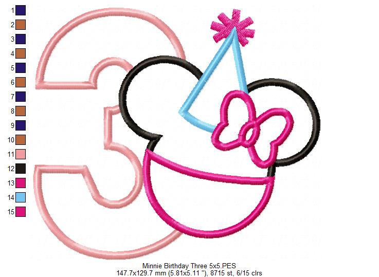 Mouse Ears Girl Number 3 Three 3rd Birthday Party - Applique - Machine Embroidery Design