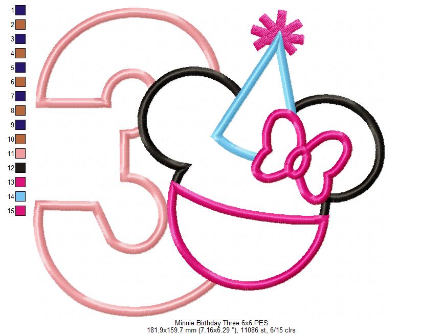 Mouse Ears Girl Number 3 Three 3rd Birthday Party - Applique - Machine Embroidery Design