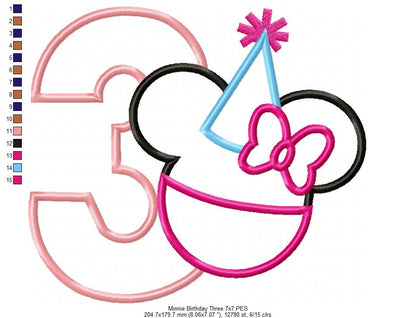 Mouse Ears Girl Number 3 Three 3rd Birthday Party - Applique - Machine Embroidery Design