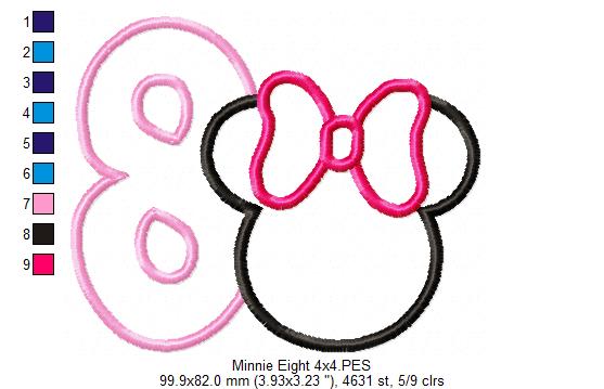 Mouse Ears Girl Number 8 Eight 8th Eighth Birthday Number 8 - Applique